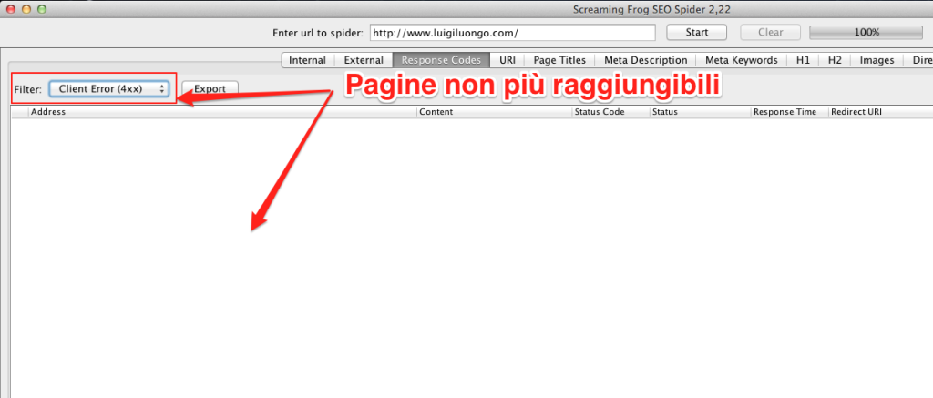 Foto tab external di Screaming frog per valutare i link non funzionanti